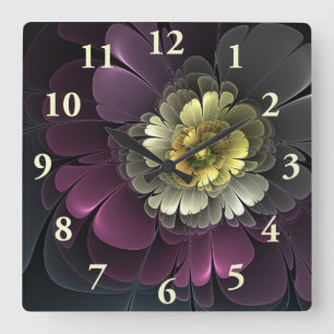 Abstract Modern Purpur Khaki Grey Fractal Flower Square Wall Clock