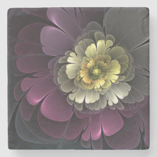 Abstract Modern Purpur Khaki Grey Fractal Flower Stone Coaster