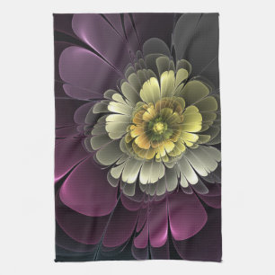 Abstract Modern Purpur Khaki Grey Fractal Flower Tea Towel