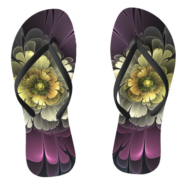 Abstract Modern Purpur Khaki Grey Fractal Flower Thongs (Footbed)