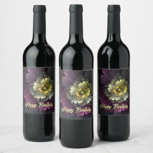 Abstract Modern Purpur Khaki Grey Fractal Flower Wine Label