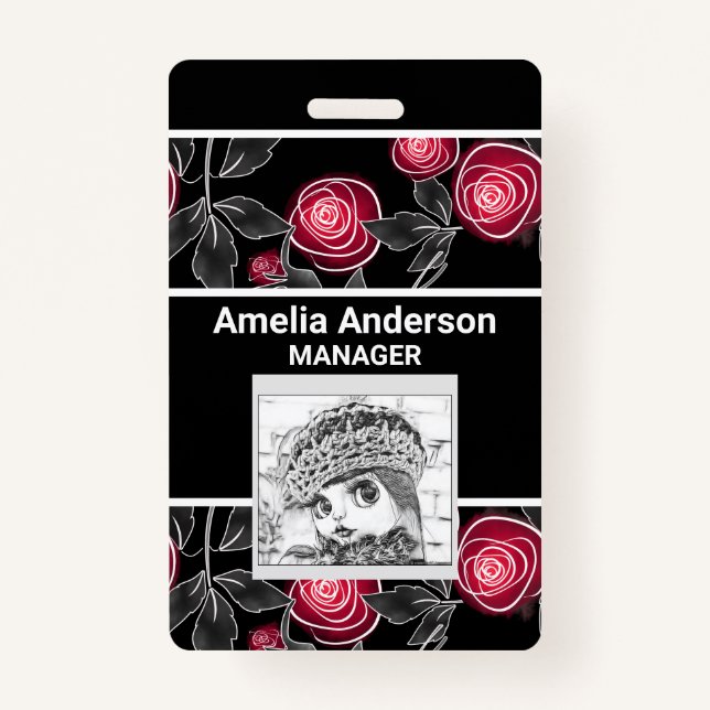 Abstract modern red roses leaves  sketched flowers ID badge (Front)