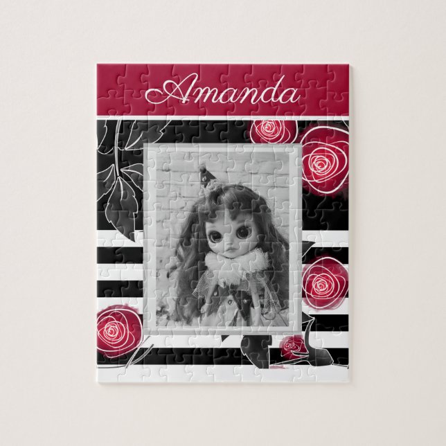 Abstract modern red roses leaves  sketched flowers jigsaw puzzle (Vertical)