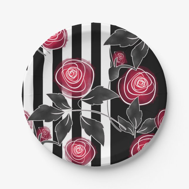 Abstract modern red roses leaves  sketched flowers paper plate (Front)