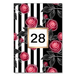 Abstract modern red roses leaves sketched flowers table number