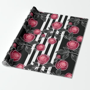 Abstract modern red roses leaves sketched flowers wrapping paper