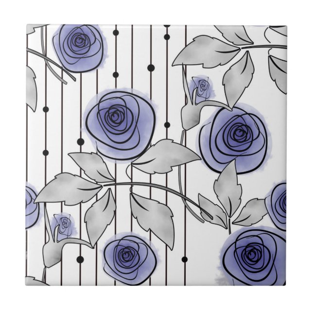 Abstract modern roses flowers violet grey white be ceramic tile (Front)