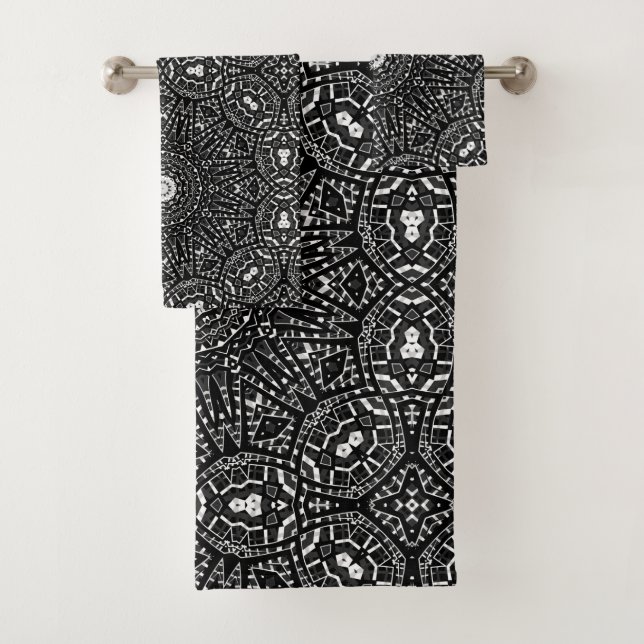 Abstract modern seamless ornamental white black ar bath towel set (Insitu)