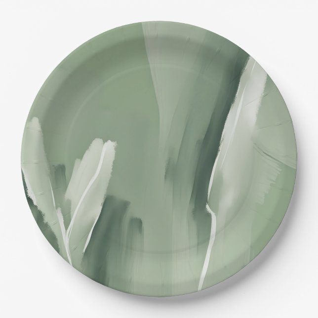 Abstract Modern Simple Sage Green Watercolor Paint Paper Plate (Front)