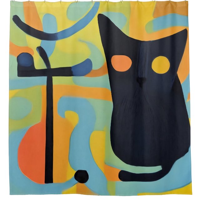Abstract Modern Stylised Black Cat Shower Curtain (Front)