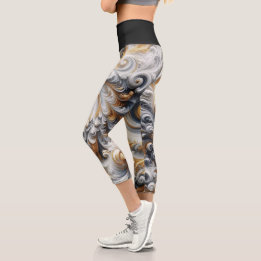 Abstract Modern Swirling Gold, Black and White  Capri Leggings