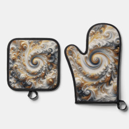 Abstract Modern Swirling Gold, Black and White  Oven Mitt & Pot Holder Set