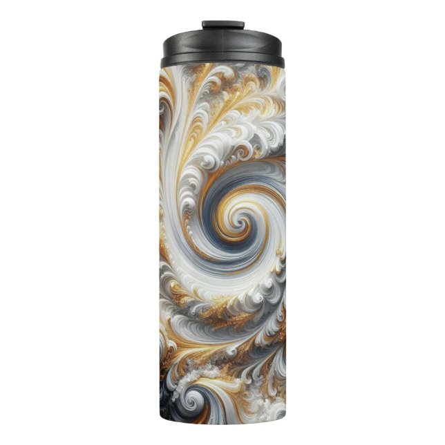 Abstract Modern Swirling Gold, Black and White  Thermal Tumbler (Front)