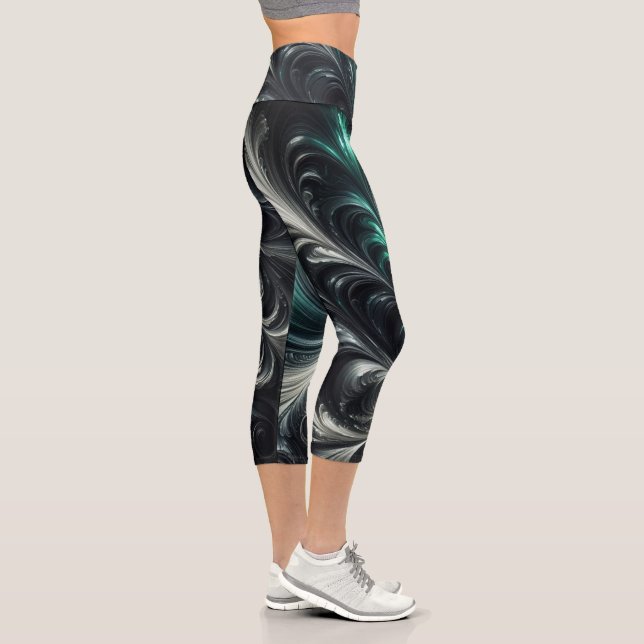 Abstract Modern Swirling Green, Silver and Black Capri Leggings (Right)