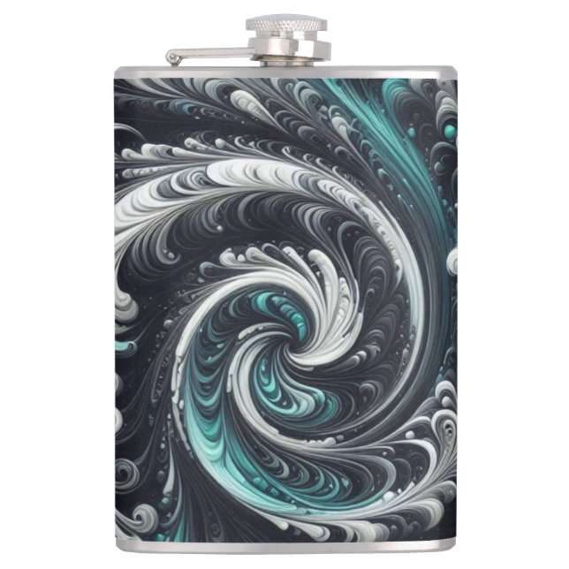Abstract Modern Swirling Green, Silver and Black Hip Flask (Front)