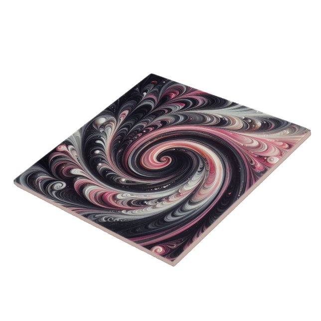 Abstract Modern Swirling Pink, Black and White Ceramic Tile (Side)