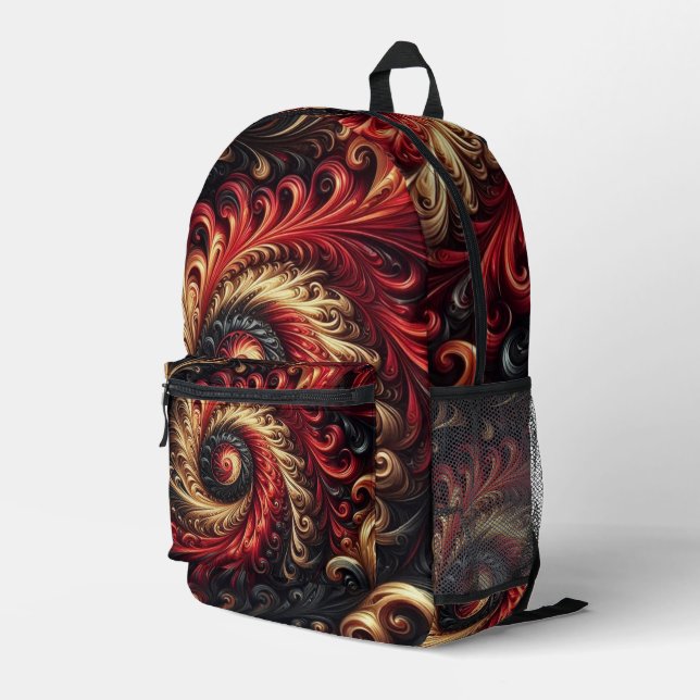 Abstract Modern Swirling Red, Black and Gold Printed Backpack (Back Corner Right)