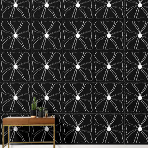 Abstract Modern White Flower Line Art on Black Wallpaper