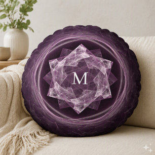 Abstract Monogram Dark Purple Star Fractal Round Cushion