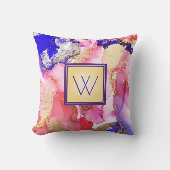 Abstract Monogram Fluid Pink Purple Gold Metallic Cushion (Front)