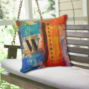 Abstract Monogram Orange Blue Black Outdoor Cushion