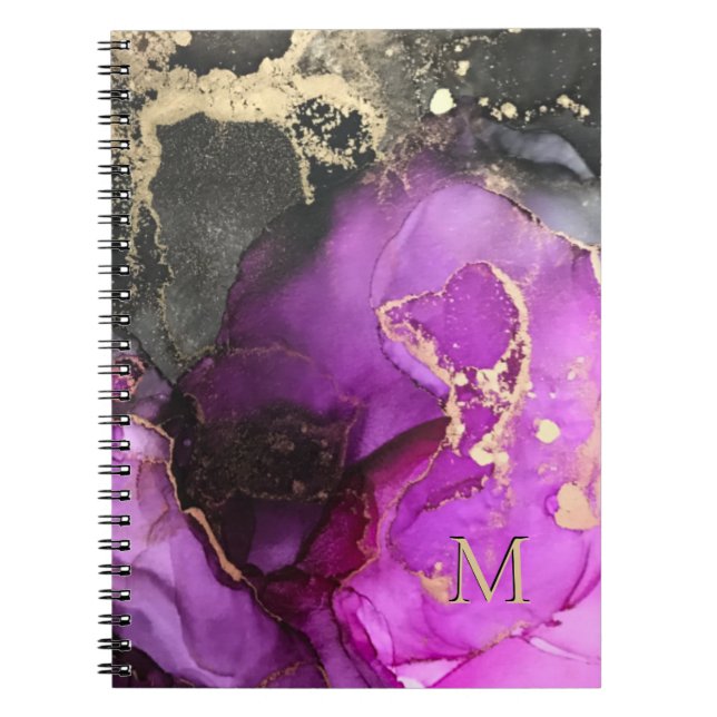 Abstract Monogram Purple Black Gold Alcohol Ink Notebook (Front)