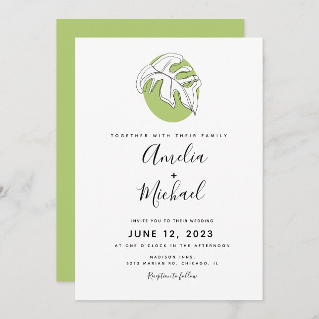 Abstract Monstera Hand Drawn  Botanical Greenery Invitation (Front/Back)
