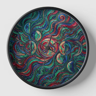 Abstract Moon Phase Jewel Tone Oil Art Clocks
