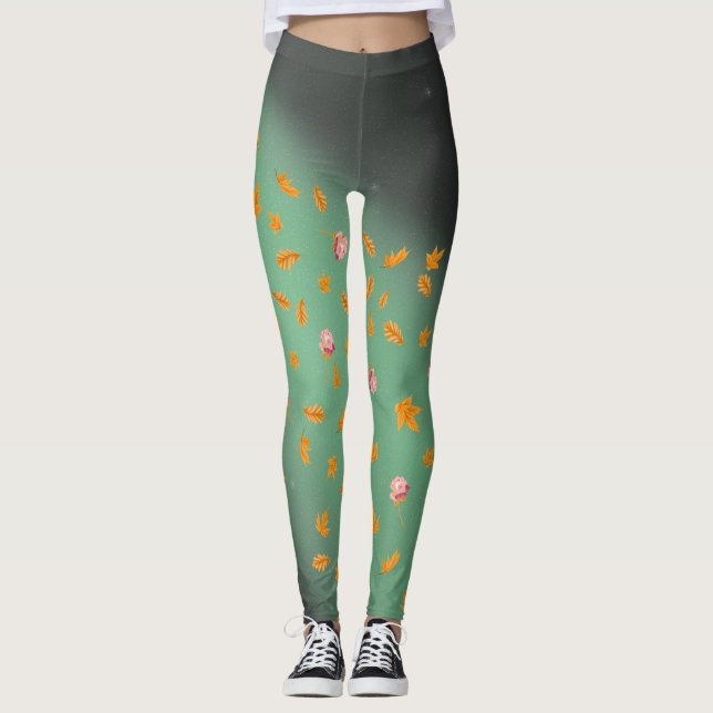 Abstract moonlight autumn leaves roses  leggings (Front)