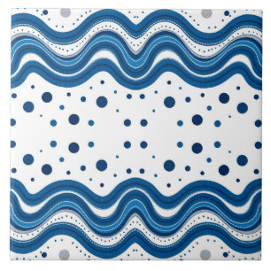 Abstract Moroccan White & Blue Wavy Lines & Dots Ceramic Tile
