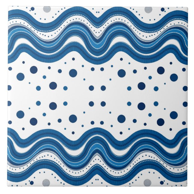 Abstract Moroccan White & Blue Wavy Lines & Dots Ceramic Tile (Front)