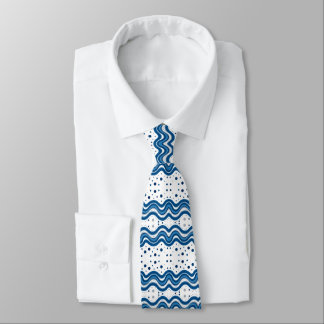 Abstract Moroccan White & Blue Wavy Lines & Dots Tie