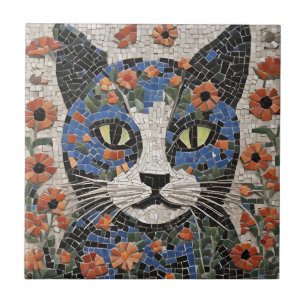 Abstract Mosaic Cat with Flowers  Ceramic Tile