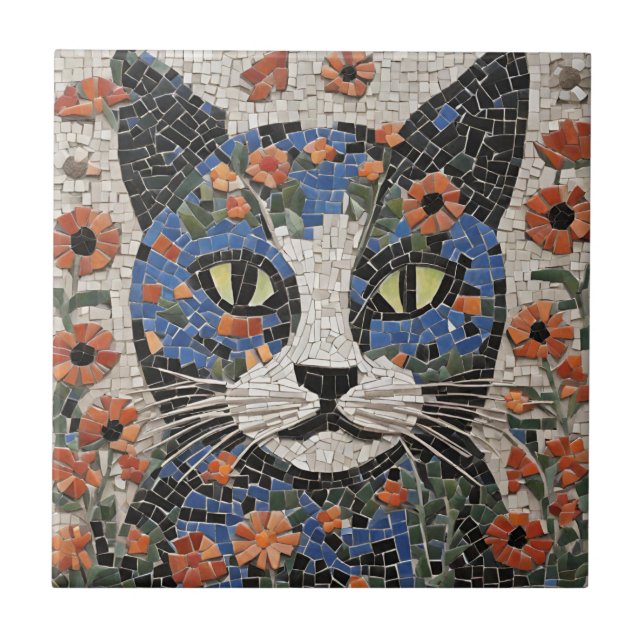 Abstract Mosaic Cat with Flowers  Ceramic Tile (Front)