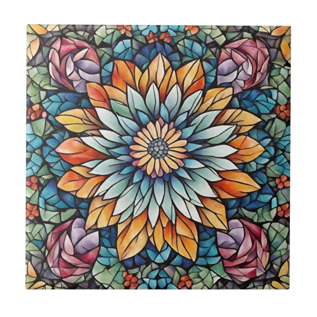  Abstract Mosaic Flower Kaleidoscope Ceramic Tile (Front)