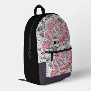 Abstract mosaic flower rose pink white grey floral printed backpack