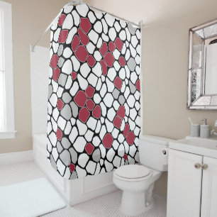 Abstract mosaic, grey, burgundy, black and white shower curtain