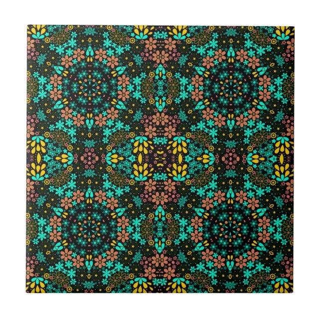 Abstract mosaic kaleidoscopic floral flowers black ceramic tile (Front)