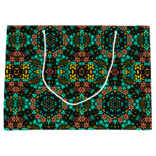 Abstract mosaic kaleidoscopic floral flowers black large gift bag