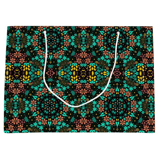 Abstract mosaic kaleidoscopic floral flowers black large gift bag (Front)