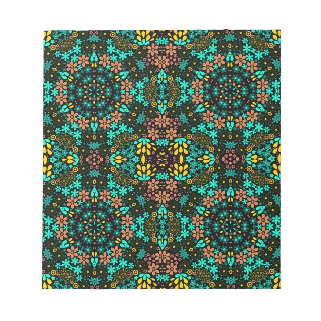 Abstract mosaic kaleidoscopic floral flowers black notepad (Front)