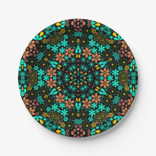 Abstract mosaic kaleidoscopic floral flowers black paper plate