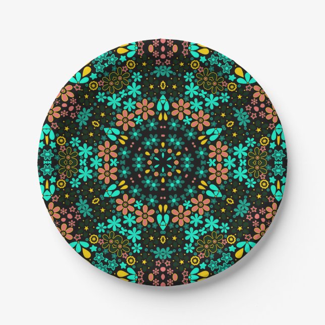 Abstract mosaic kaleidoscopic floral flowers black paper plate (Front)