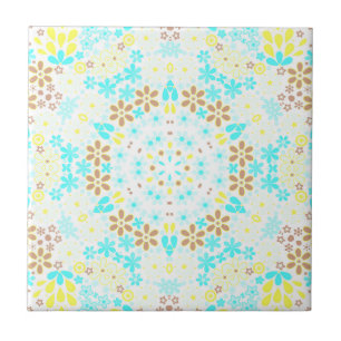 Abstract mosaic kaleidoscopic floral flowers white ceramic tile