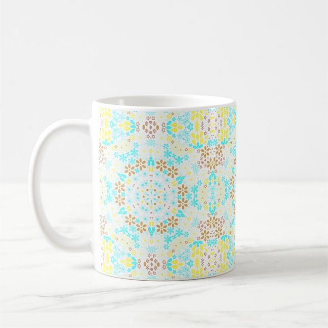 Abstract mosaic kaleidoscopic floral flowers white coffee mug (Left)