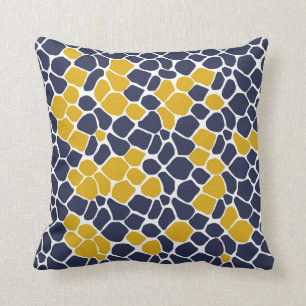 Abstract mosaic, navy blue, mustard yellow, white cushion