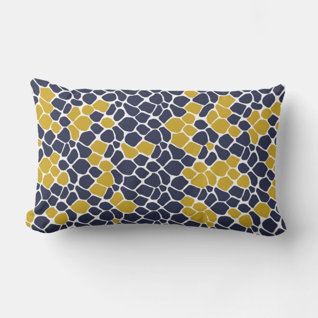 Abstract mosaic, navy blue, mustard yellow, white lumbar cushion (Front)