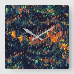 Abstract mosaic of displaced campfire on greenish square wall clock