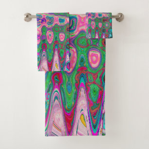 Abstract Mosaic Pink and Green Wavy Retro Bath Towel Set