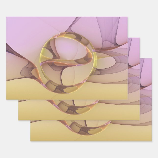 Abstract Motions Modern Pink Golden Fractal Art Wrapping Paper Sheet (Set)